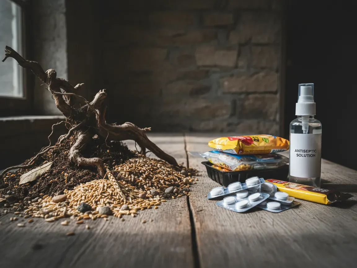 Split view of wild roots, soil, and grains contrasted with sterile blister packs and processed food on a rustic table.