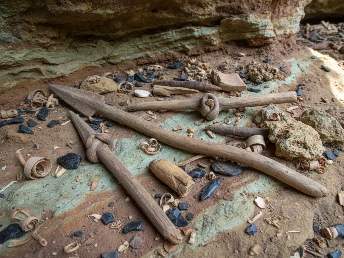 Prehistoric carved wooden tools and stone flakes lie on mineral-rich sediment inside a softly lit cave shelter.